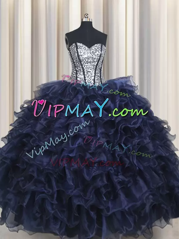 Navy Blue Lace Up Quinceanera Dress Ruffled Layers and Sequins Sleeveless Floor Length