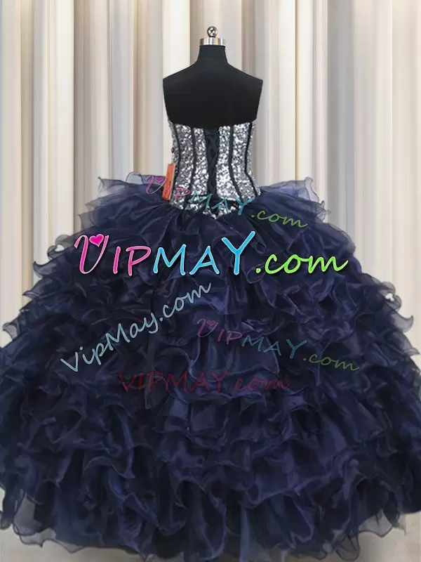 Navy Blue Lace Up Quinceanera Dress Ruffled Layers and Sequins Sleeveless Floor Length