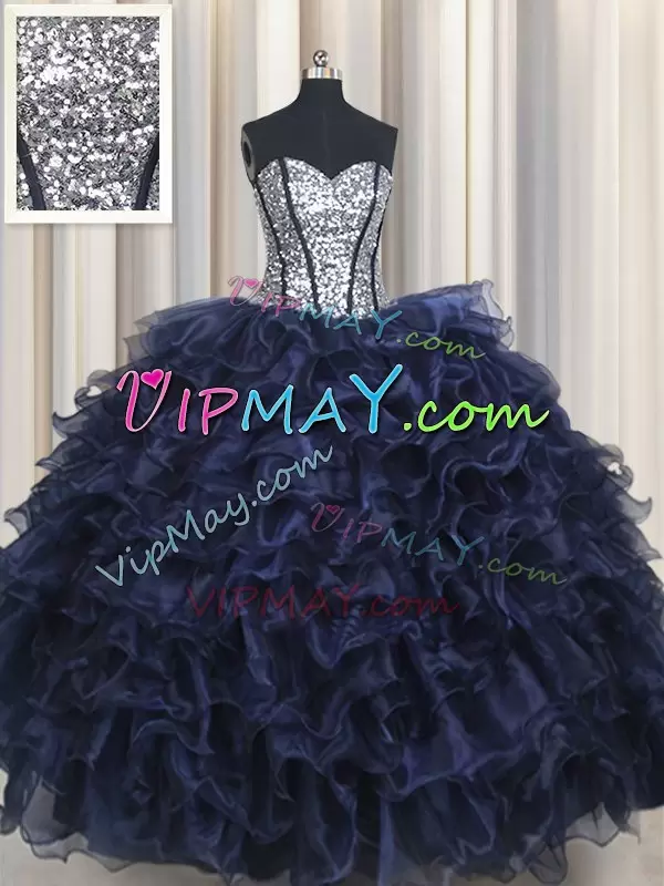 Navy Blue Lace Up Quinceanera Dress Ruffled Layers and Sequins Sleeveless Floor Length