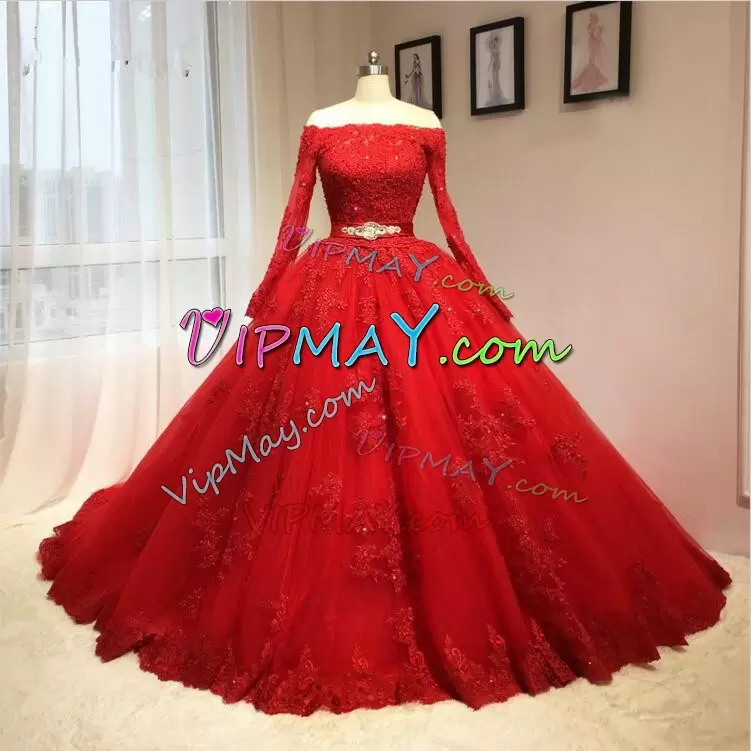quinceanera dress with long sleeves,red quinceanera dress,quinceanera dress with belt,long sleeves quinceanera dress,off the shoulder quinceanera dress,quinceanera dress with train,quinceanera dress under 200,