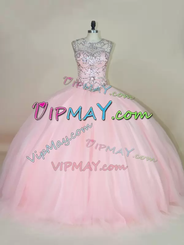 Inexpensive Ball Gowns 15 Quinceanera Dress Baby Pink Scoop Tulle Sleeveless Lace Up