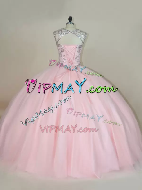 Inexpensive Ball Gowns 15 Quinceanera Dress Baby Pink Scoop Tulle Sleeveless Lace Up