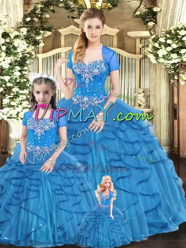 Sweetheart Sleeveless Sweet 16 Quinceanera Dress Floor Length Beading and Ruffles Blue Tulle