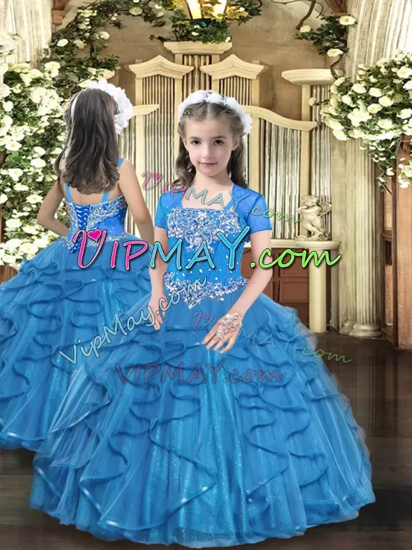 Sweetheart Sleeveless Sweet 16 Quinceanera Dress Floor Length Beading and Ruffles Blue Tulle