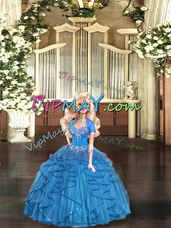 Sweetheart Sleeveless Sweet 16 Quinceanera Dress Floor Length Beading and Ruffles Blue Tulle