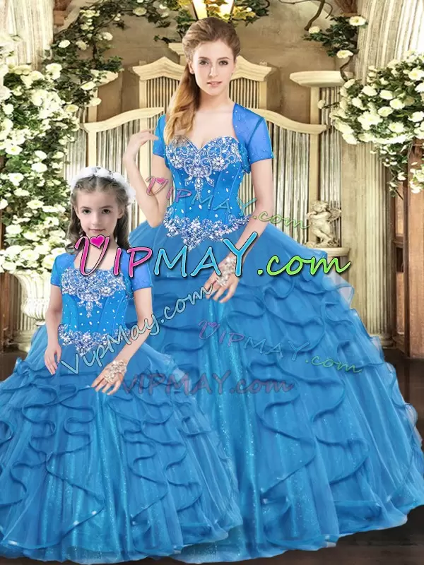 Sweetheart Sleeveless Sweet 16 Quinceanera Dress Floor Length Beading and Ruffles Blue Tulle