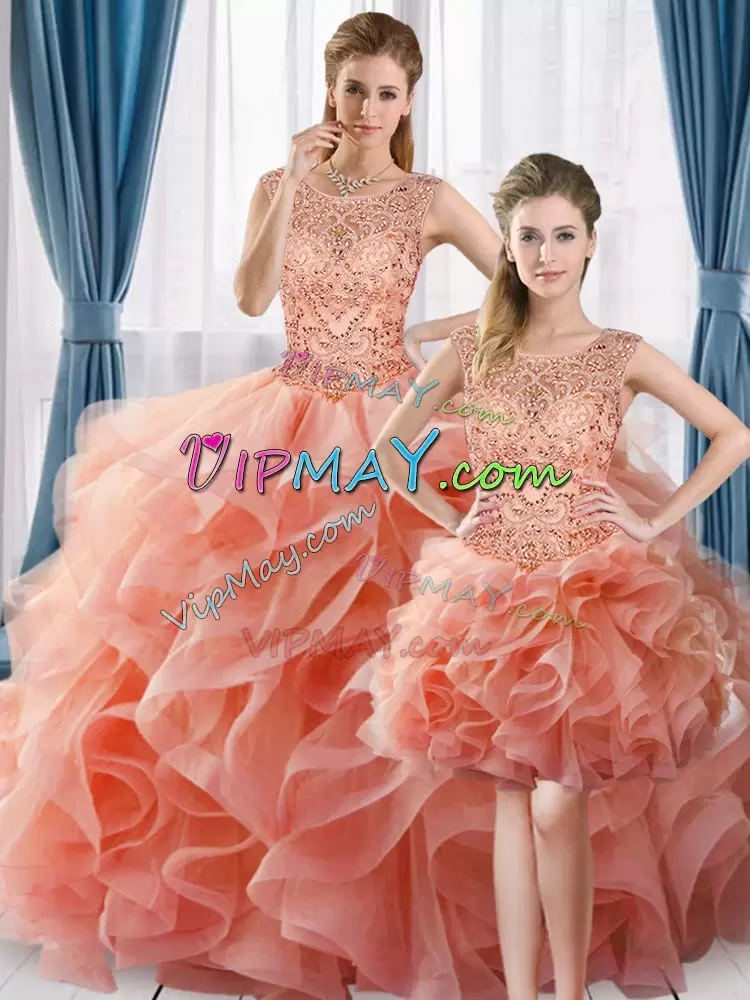 Scoop Sleeveless Tulle Quince Ball Gowns Beading