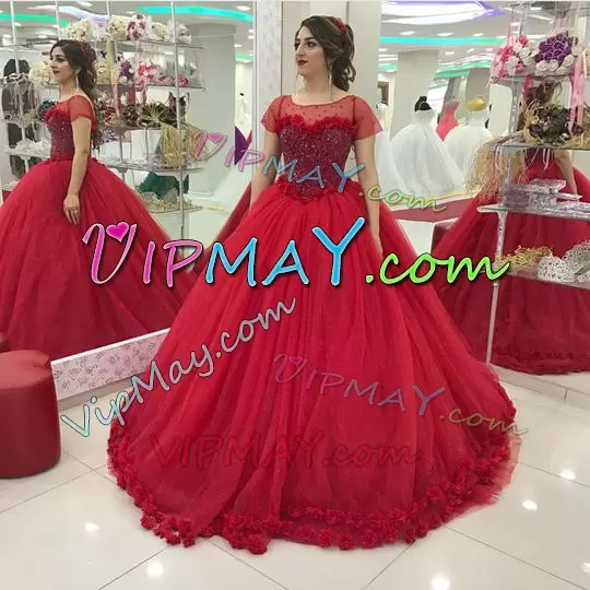 illusion quinceanera dress,red quineanera dress,illusion sweet 16 dress,quinceanera dress with short sleeves,handmade flower quineanera dress,puffy skirt quinceanera dress,quinceanera dress wholesale,low price quinceanera dress,