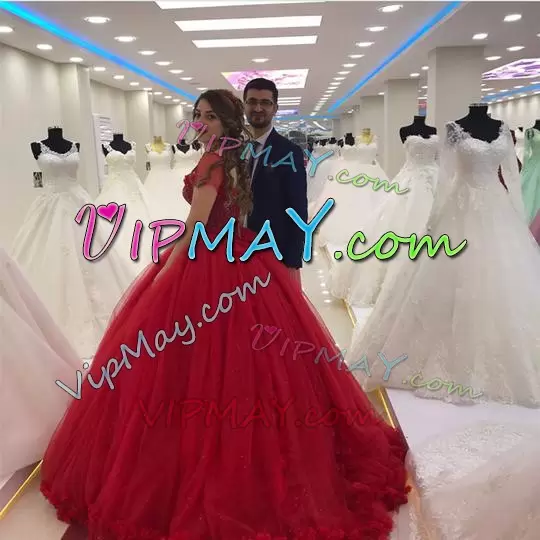 illusion quinceanera dress,red quineanera dress,illusion sweet 16 dress,quinceanera dress with short sleeves,handmade flower quineanera dress,puffy skirt quinceanera dress,quinceanera dress wholesale,low price quinceanera dress,