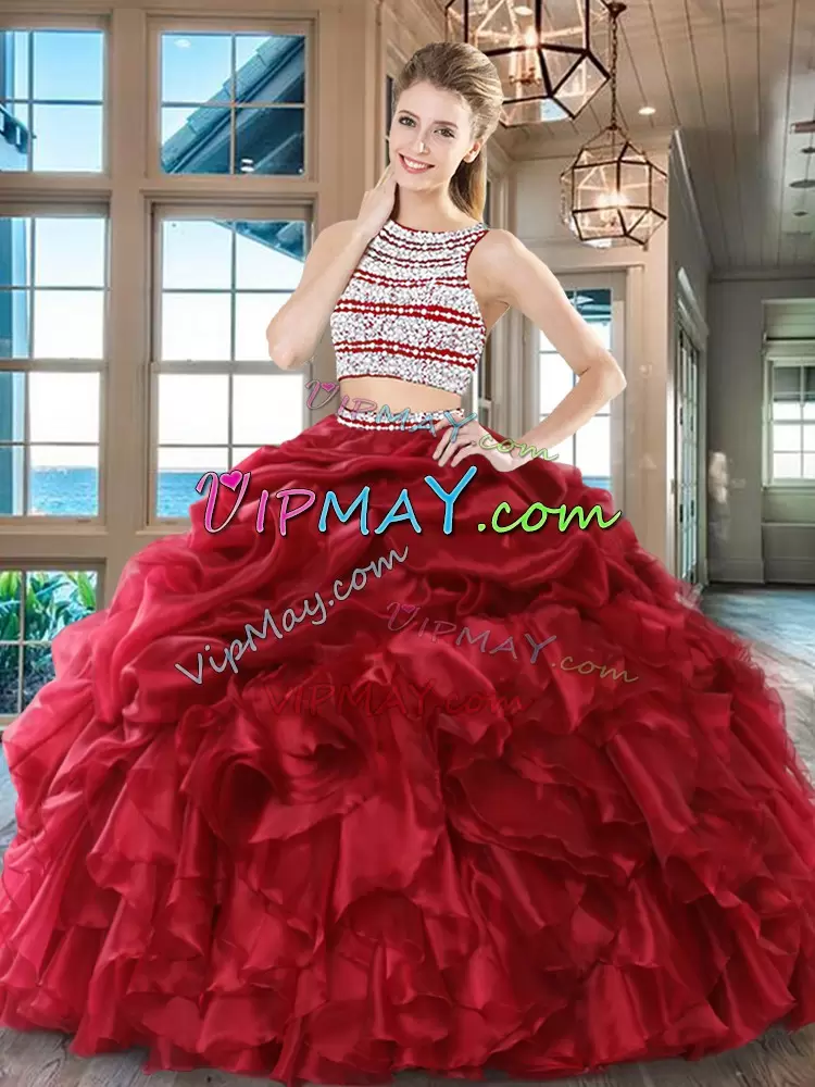 Wine Red Organza Backless Scoop Sleeveless Floor Length 15 Quinceanera Dress Beading and Ruffles and Pick Ups