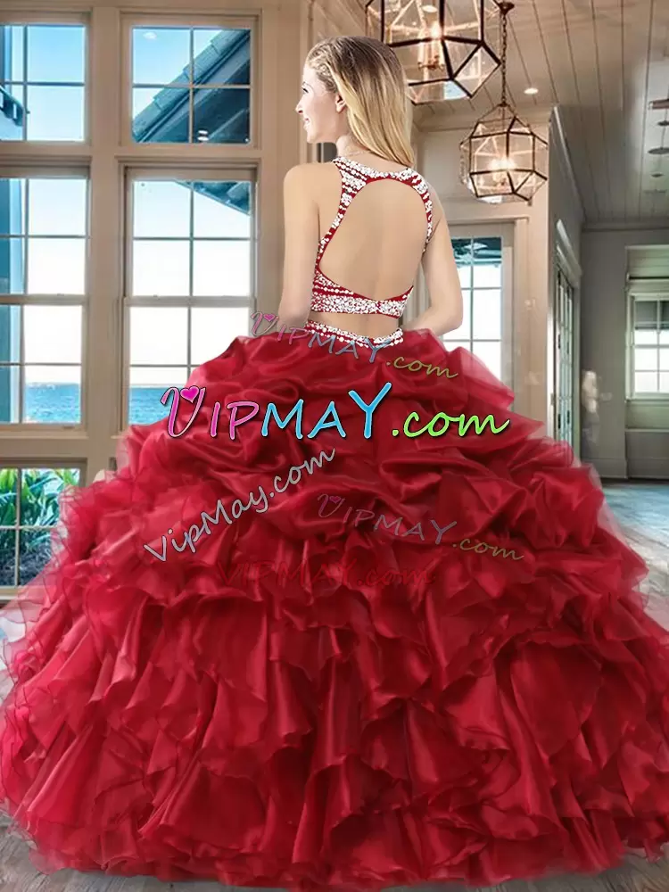 Wine Red Organza Backless Scoop Sleeveless Floor Length 15 Quinceanera Dress Beading and Ruffles and Pick Ups