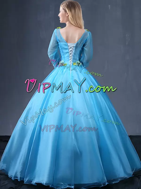 Baby Blue Tulle Long Sleeve Quinceanera Dress Colorful Handmade 3D FLowers