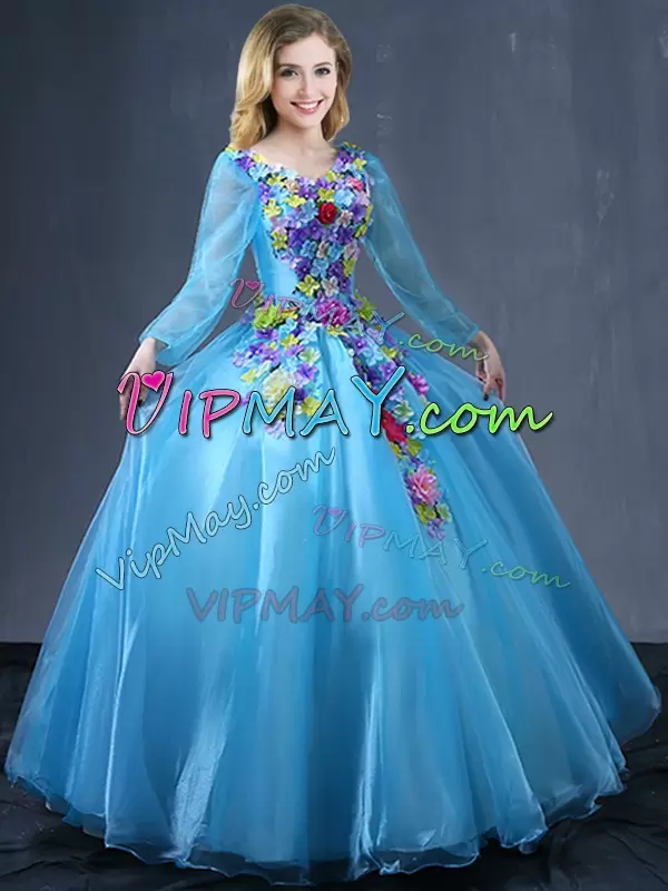 Baby Blue Tulle Long Sleeve Quinceanera Dress Colorful Handmade 3D FLowers