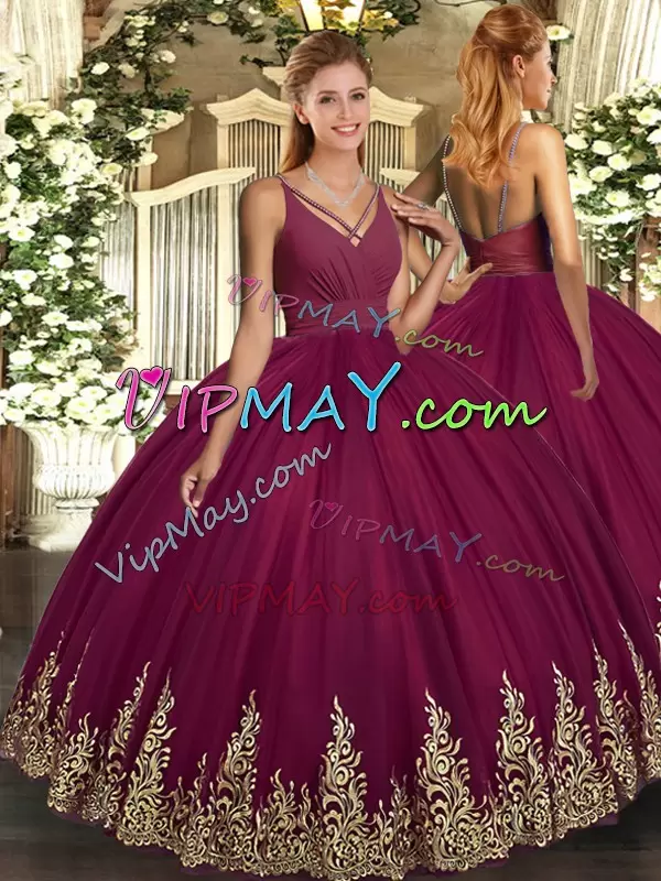 Fashionable V-neck Sleeveless Sweet 16 Dress Floor Length Beading and Appliques Burgundy Tulle