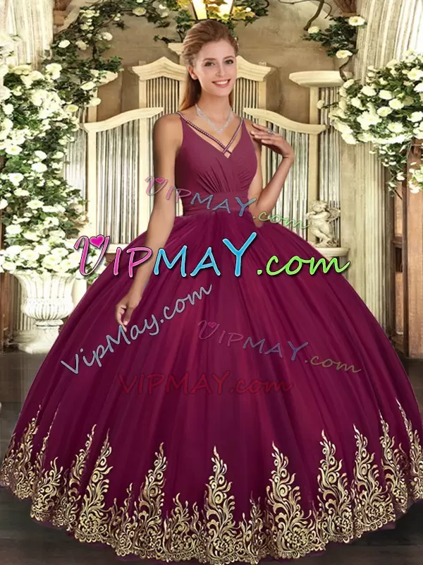 Fashionable V-neck Sleeveless Sweet 16 Dress Floor Length Beading and Appliques Burgundy Tulle