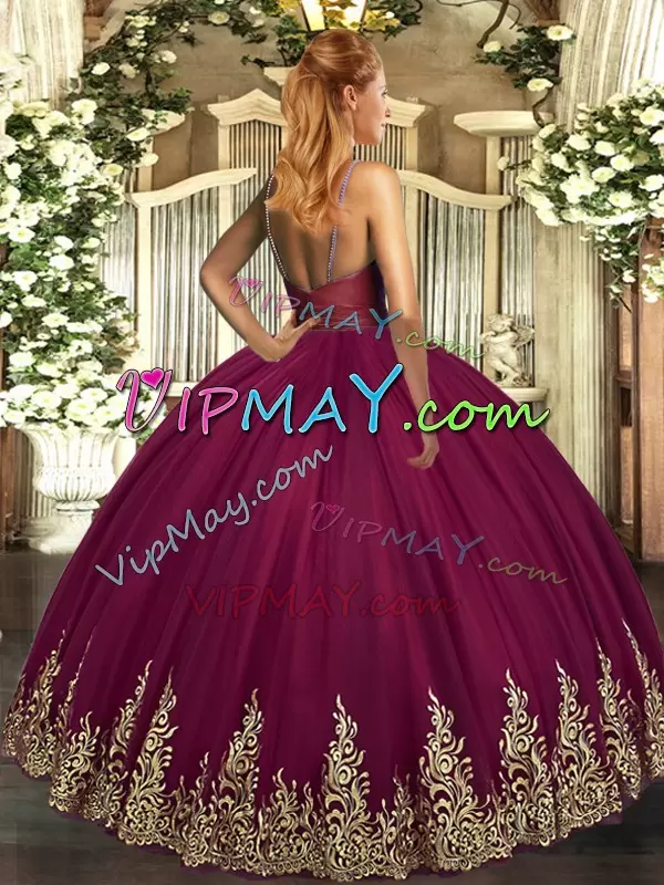 Fashionable V-neck Sleeveless Sweet 16 Dress Floor Length Beading and Appliques Burgundy Tulle