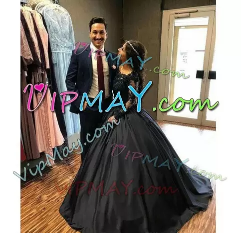 Black Ball Gowns Beading and Appliques Quince Ball Gowns Lace Up Satin Long Sleeves With Train