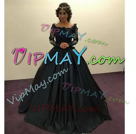 Black Ball Gowns Beading and Appliques Quince Ball Gowns Lace Up Satin Long Sleeves With Train