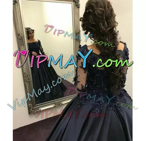 Black Ball Gowns Beading and Appliques Quince Ball Gowns Lace Up Satin Long Sleeves With Train