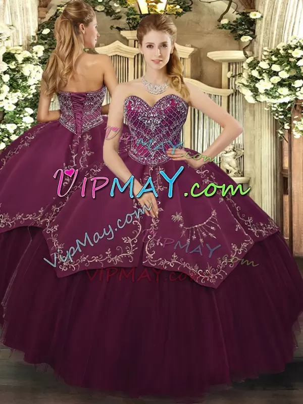 Floor Length Burgundy Vestidos de Quinceanera Taffeta and Tulle Sleeveless Beading and Pattern