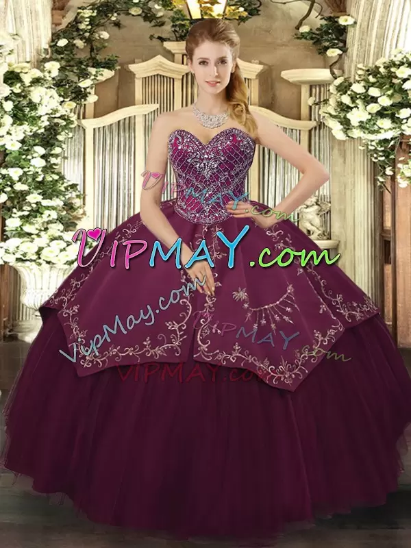 Floor Length Burgundy Vestidos de Quinceanera Taffeta and Tulle Sleeveless Beading and Pattern