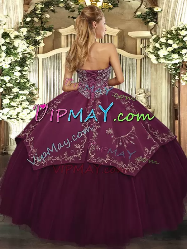 Floor Length Burgundy Vestidos de Quinceanera Taffeta and Tulle Sleeveless Beading and Pattern