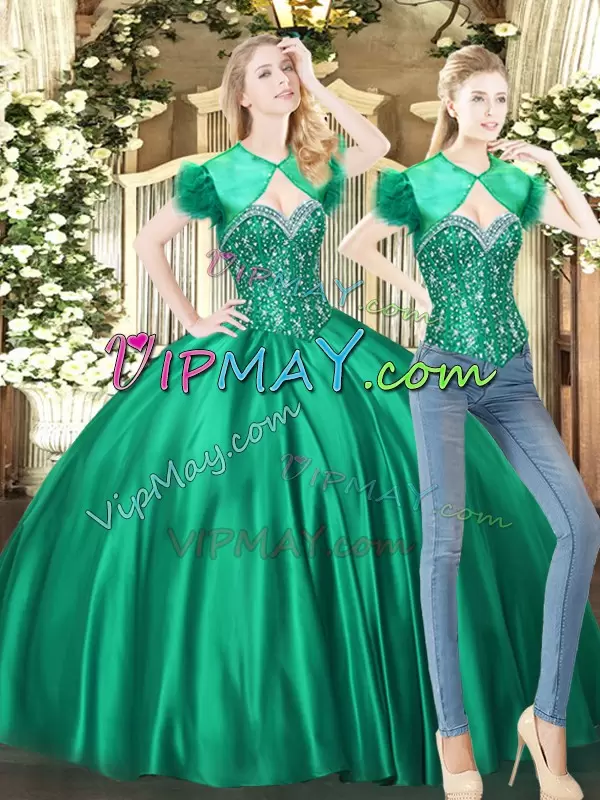 Green Tulle Lace Up Sweetheart Sleeveless Floor Length Quinceanera Gowns Beading