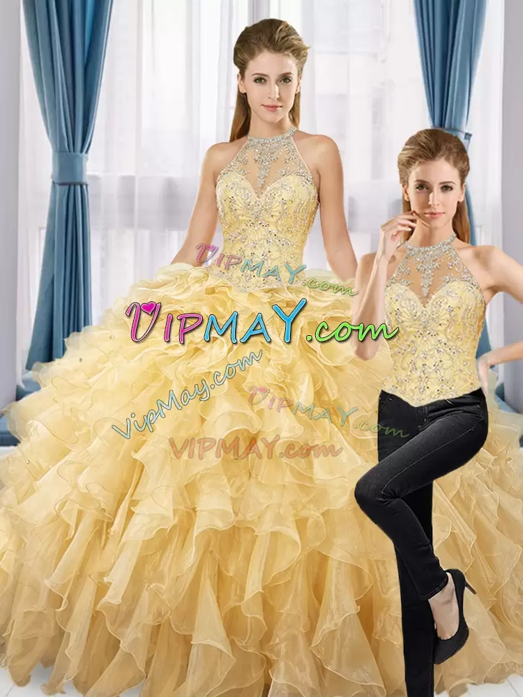 Gold Organza Lace Up Sweet 16 Dresses Sleeveless Floor Length Beading and Ruffles