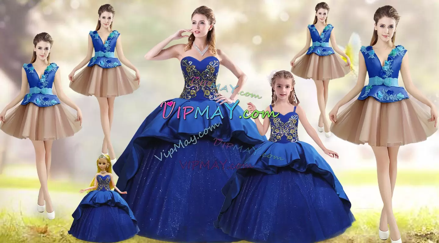 Glorious Blue Taffeta Lace Up Sweetheart Sleeveless Ball Gown Prom Dress Court Train Beading and Appliques and Embroidery