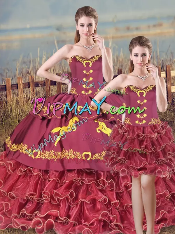 Beauteous Burgundy Sleeveless Satin and Organza Brush Train Lace Up Vestidos de Quinceanera for Sweet 16