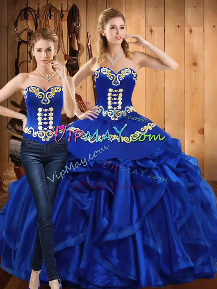 Admirable Embroidery and Ruffles Sweet 16 Dress Royal Blue Lace Up Sleeveless Floor Length