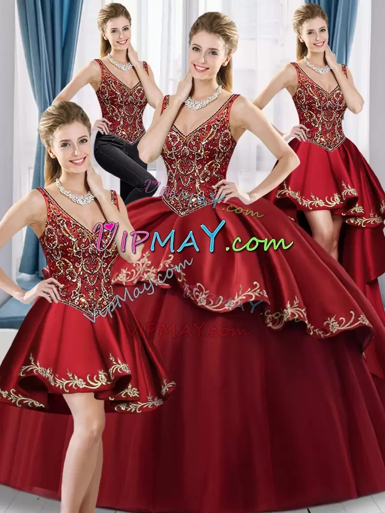 Most Popular Sleeveless Floor Length Beading and Embroidery Lace Up Sweet 16 Dress with Red