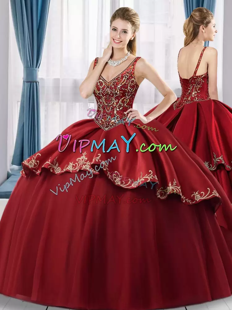 Most Popular Sleeveless Floor Length Beading and Embroidery Lace Up Sweet 16 Dress with Red