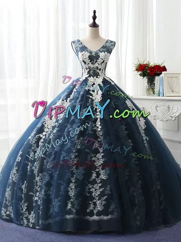 Customized Navy Blue Sweet 16 Quinceanera Dress Sweet 16 and Quinceanera with Ruffles and Pattern Scoop Sleeveless Lace Up