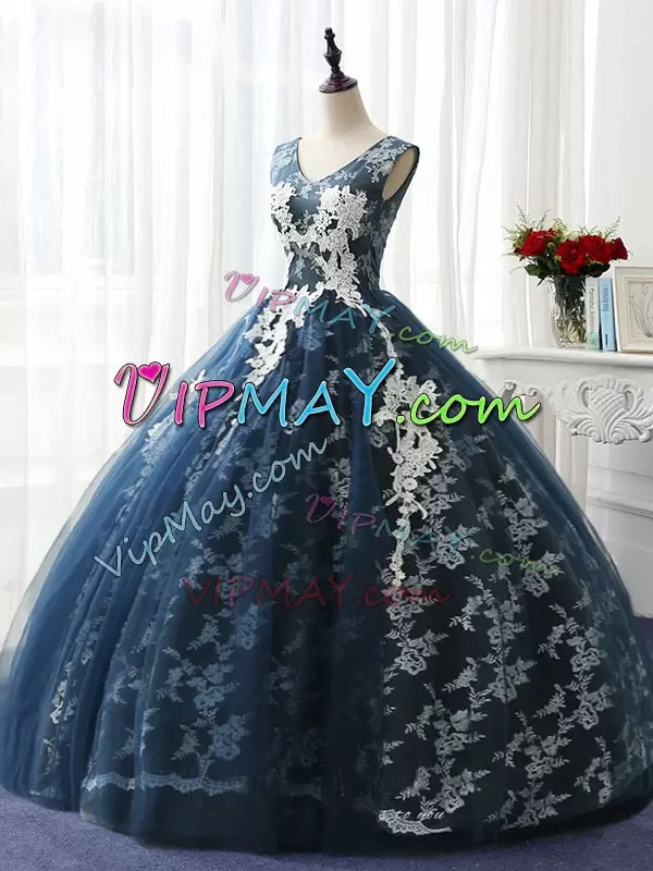 Customized Navy Blue Sweet 16 Quinceanera Dress Sweet 16 and Quinceanera with Ruffles and Pattern Scoop Sleeveless Lace Up