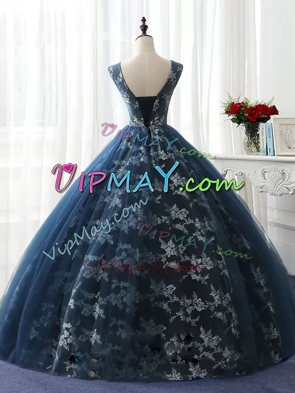 Customized Navy Blue Sweet 16 Quinceanera Dress Sweet 16 and Quinceanera with Ruffles and Pattern Scoop Sleeveless Lace Up