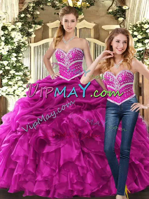 Fabulous Sweetheart Sleeveless Lace Up Sweet 16 Quinceanera Dress Fuchsia Organza Beading and Ruffles and Pick Ups