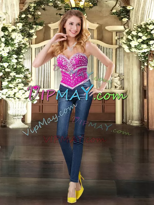 Fabulous Sweetheart Sleeveless Lace Up Sweet 16 Quinceanera Dress Fuchsia Organza Beading and Ruffles and Pick Ups