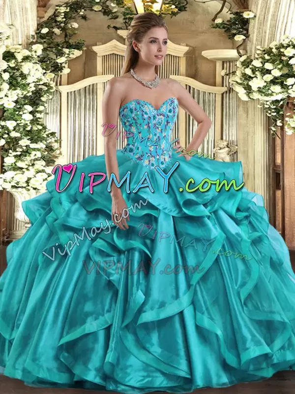 Sleeveless Sweetheart Embroidery and Ruffles Lace Up Sweet 16 Dresses