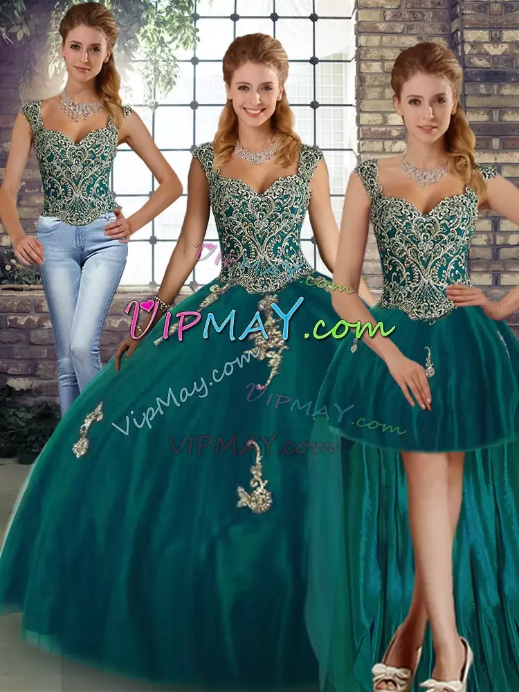 Superior Peacock Green Lace Up Sweet 16 Dresses Beading and Appliques Sleeveless Floor Length