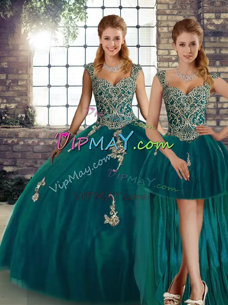 Superior Peacock Green Lace Up Sweet 16 Dresses Beading and Appliques Sleeveless Floor Length