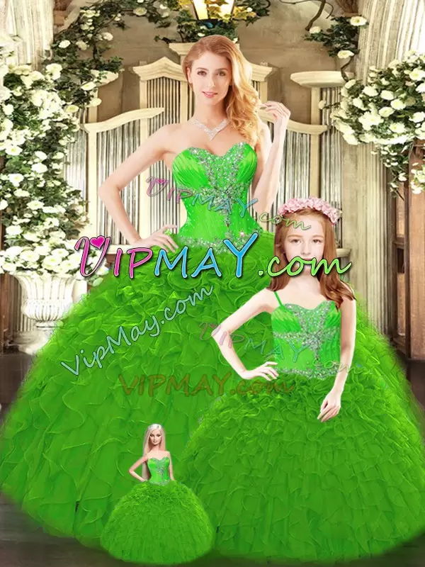 Green Ball Gowns Beading and Ruffles Quinceanera Gowns Lace Up Tulle Sleeveless Floor Length