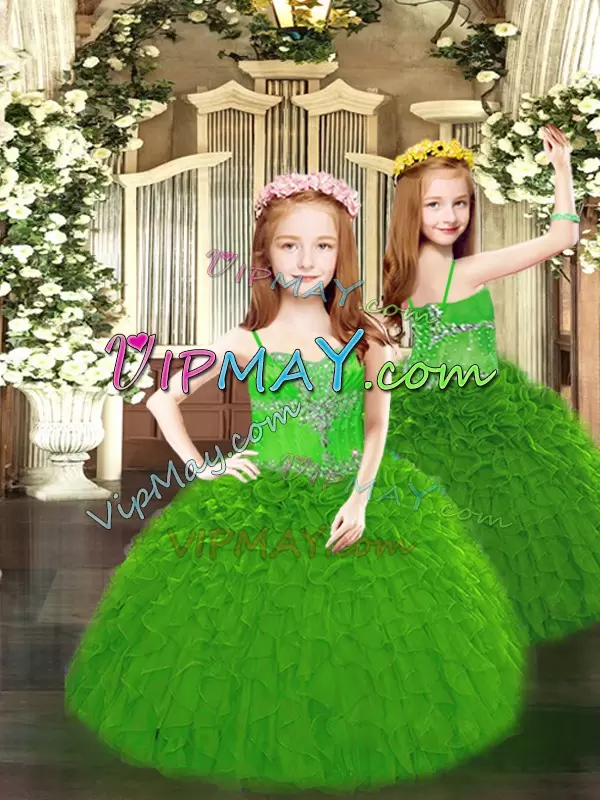 Green Ball Gowns Beading and Ruffles Quinceanera Gowns Lace Up Tulle Sleeveless Floor Length