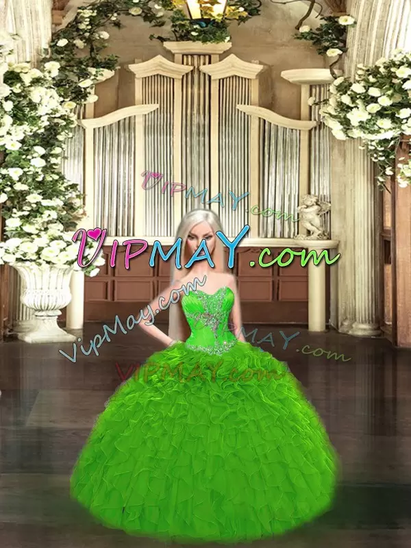 Green Ball Gowns Beading and Ruffles Quinceanera Gowns Lace Up Tulle Sleeveless Floor Length