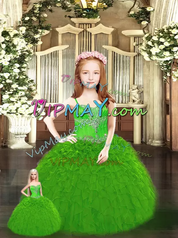 Green Ball Gowns Beading and Ruffles Quinceanera Gowns Lace Up Tulle Sleeveless Floor Length