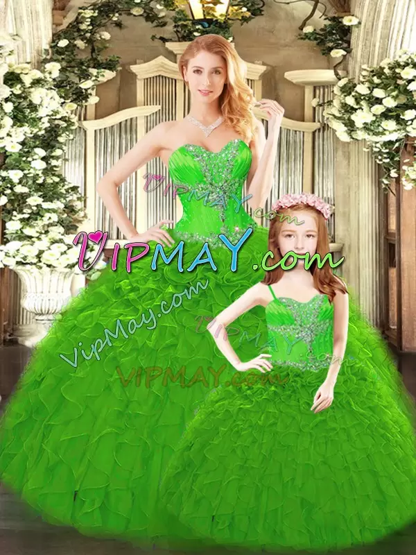 Green Ball Gowns Beading and Ruffles Quinceanera Gowns Lace Up Tulle Sleeveless Floor Length