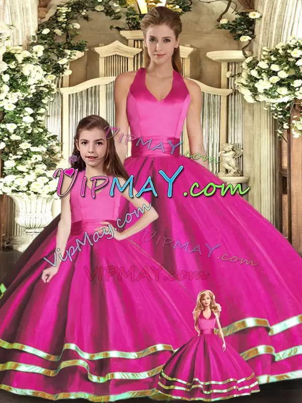 Romantic Fuchsia Ball Gowns Halter Top Sleeveless Organza Lace Up Ruffled Layers Vestidos de Quinceanera