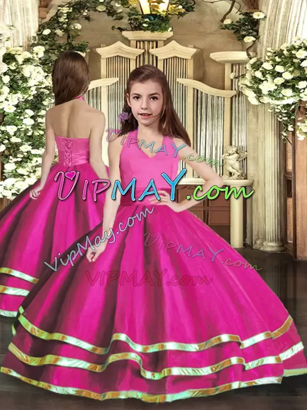 Romantic Fuchsia Ball Gowns Halter Top Sleeveless Organza Lace Up Ruffled Layers Vestidos de Quinceanera