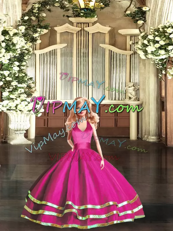 Romantic Fuchsia Ball Gowns Halter Top Sleeveless Organza Lace Up Ruffled Layers Vestidos de Quinceanera