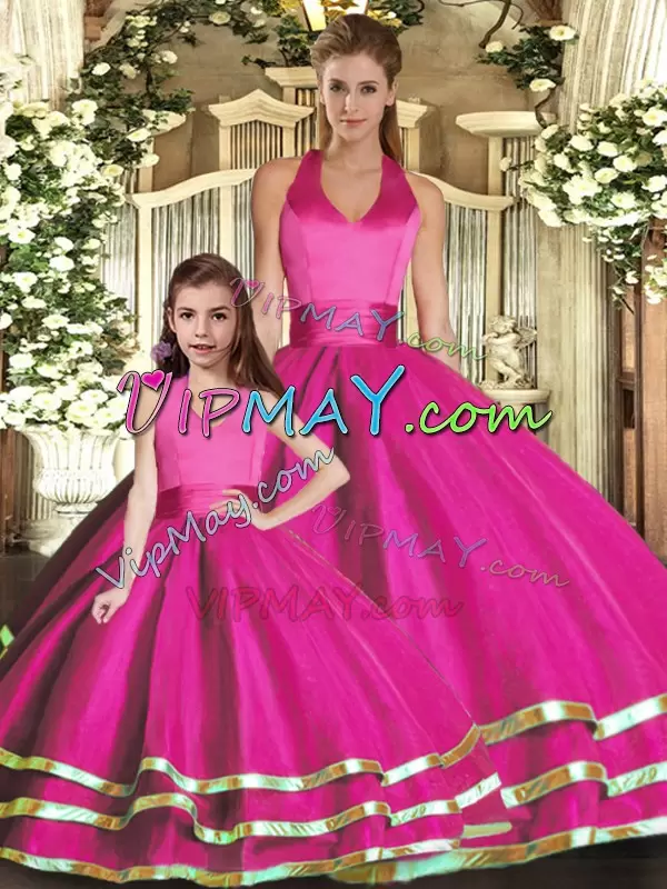 Romantic Fuchsia Ball Gowns Halter Top Sleeveless Organza Lace Up Ruffled Layers Vestidos de Quinceanera